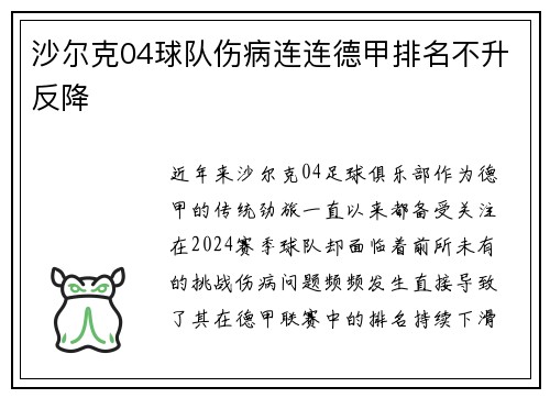 沙尔克04球队伤病连连德甲排名不升反降