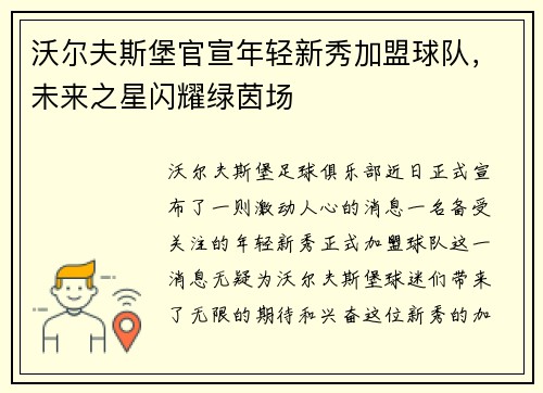 沃尔夫斯堡官宣年轻新秀加盟球队，未来之星闪耀绿茵场
