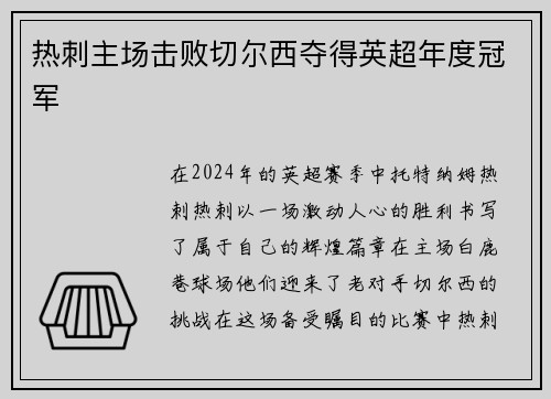 热刺主场击败切尔西夺得英超年度冠军