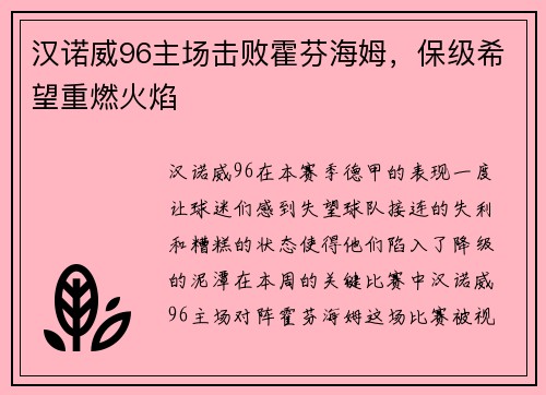 汉诺威96主场击败霍芬海姆，保级希望重燃火焰