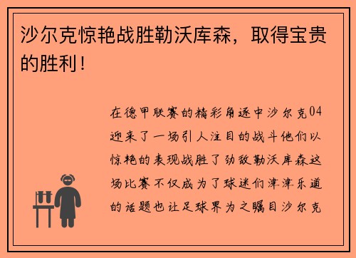沙尔克惊艳战胜勒沃库森，取得宝贵的胜利！