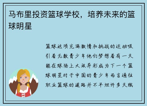 马布里投资篮球学校，培养未来的篮球明星